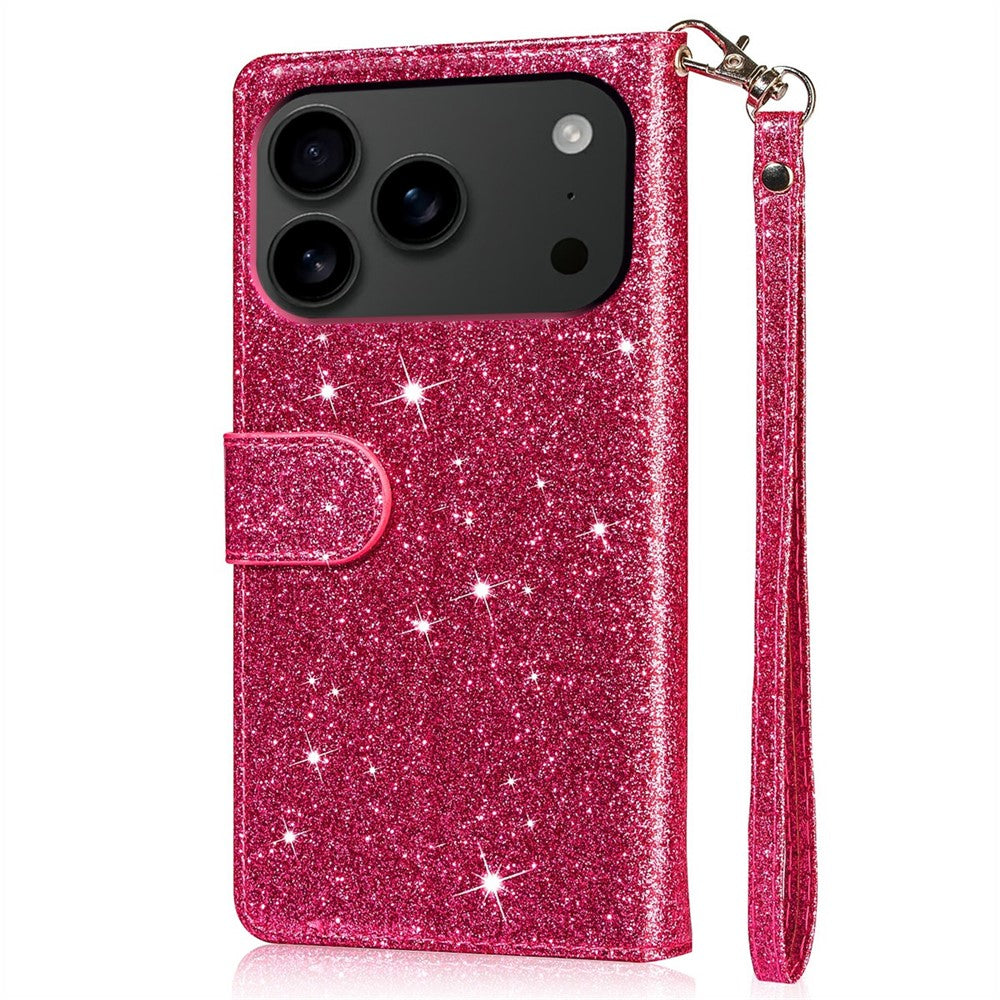 For iPhone 17 Pro Max Stand Case Glitter Phone Leather Cover Zipper Pocket - Rose