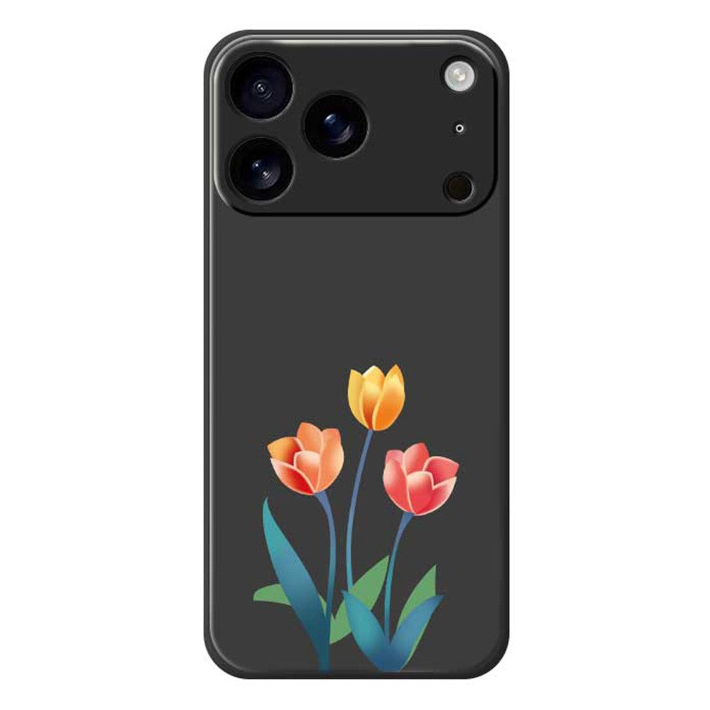 For iPhone 17 Pro Max Case Three Flowers Pattern Printing Straight Edge TPU Phone Back Cover - Black