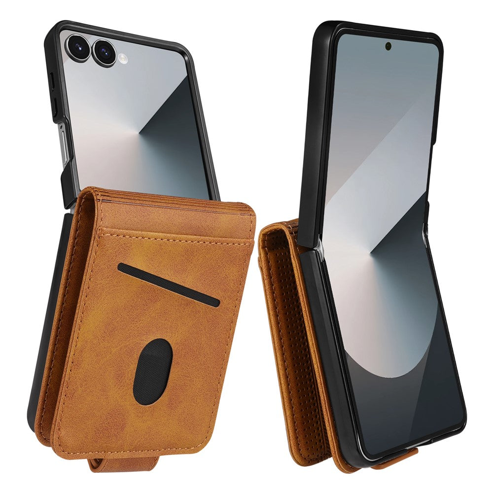 AZNS For Samsung Galaxy Z Flip7 5G Case Card Holder Cowhide Texture PC + PU Leather Phone Cover - Brown