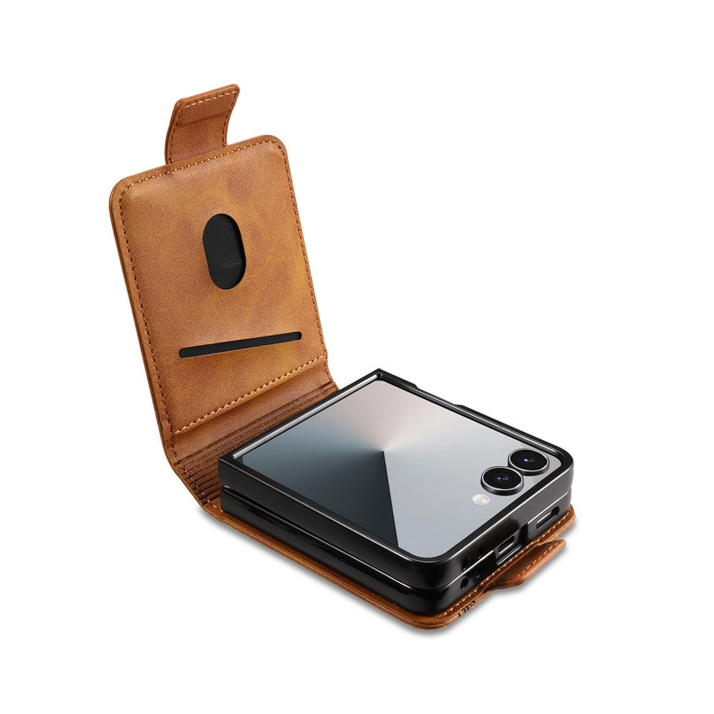 AZNS For Samsung Galaxy Z Flip7 5G Case Card Holder Cowhide Texture PC + PU Leather Phone Cover - Brown