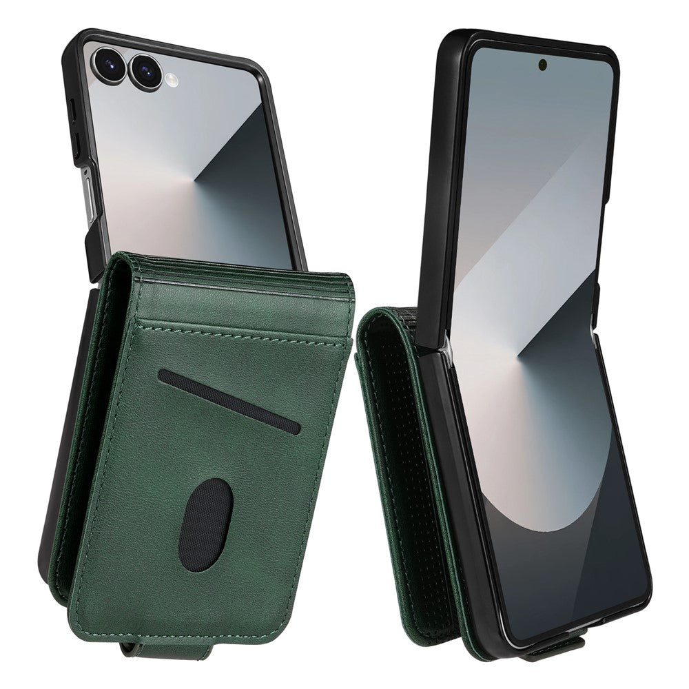 AZNS For Samsung Galaxy Z Flip7 5G Case Card Holder Cowhide Texture PC + PU Leather Phone Cover - Green