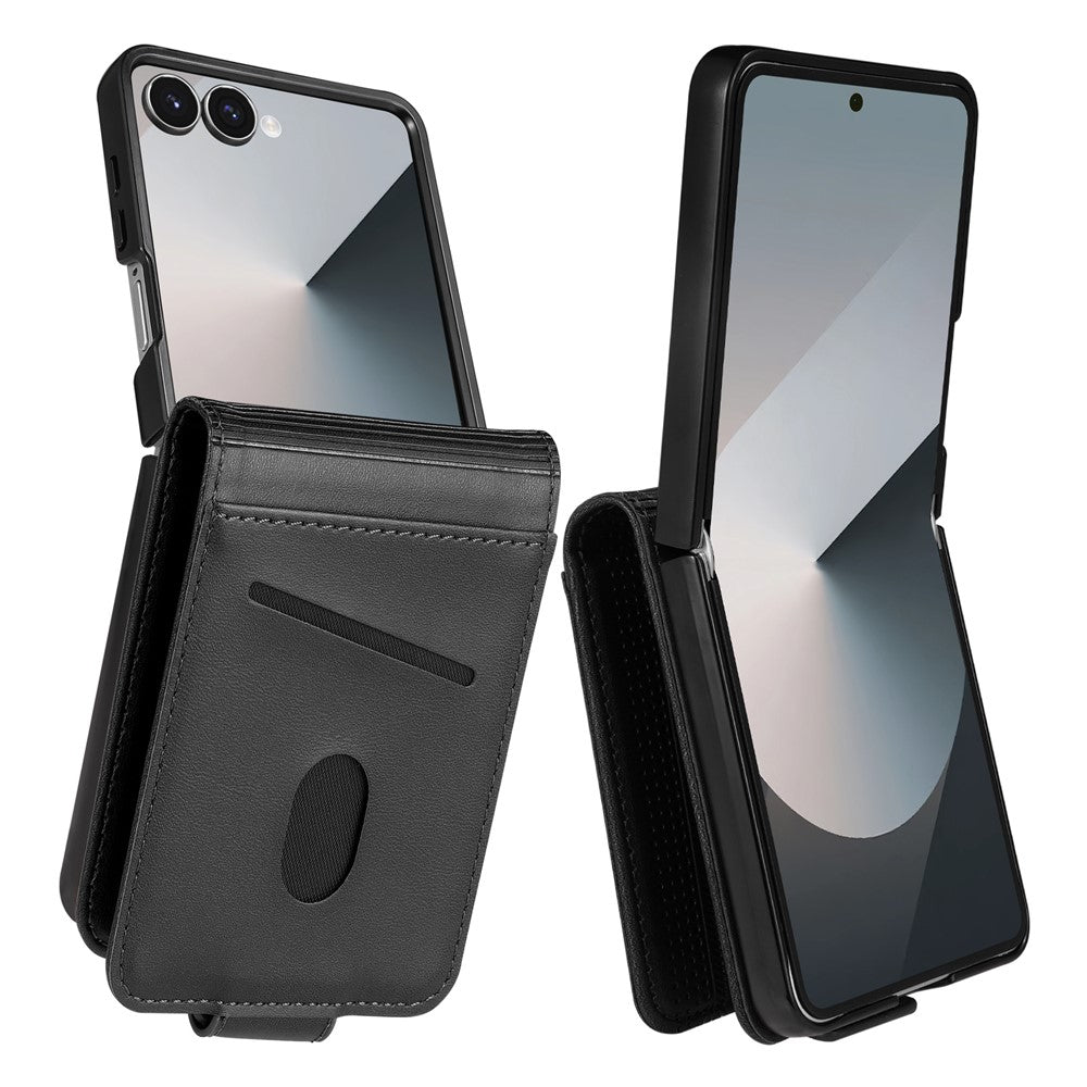 AZNS For Samsung Galaxy Z Flip7 5G Case Card Holder Cowhide Texture PC + PU Leather Phone Cover - Black