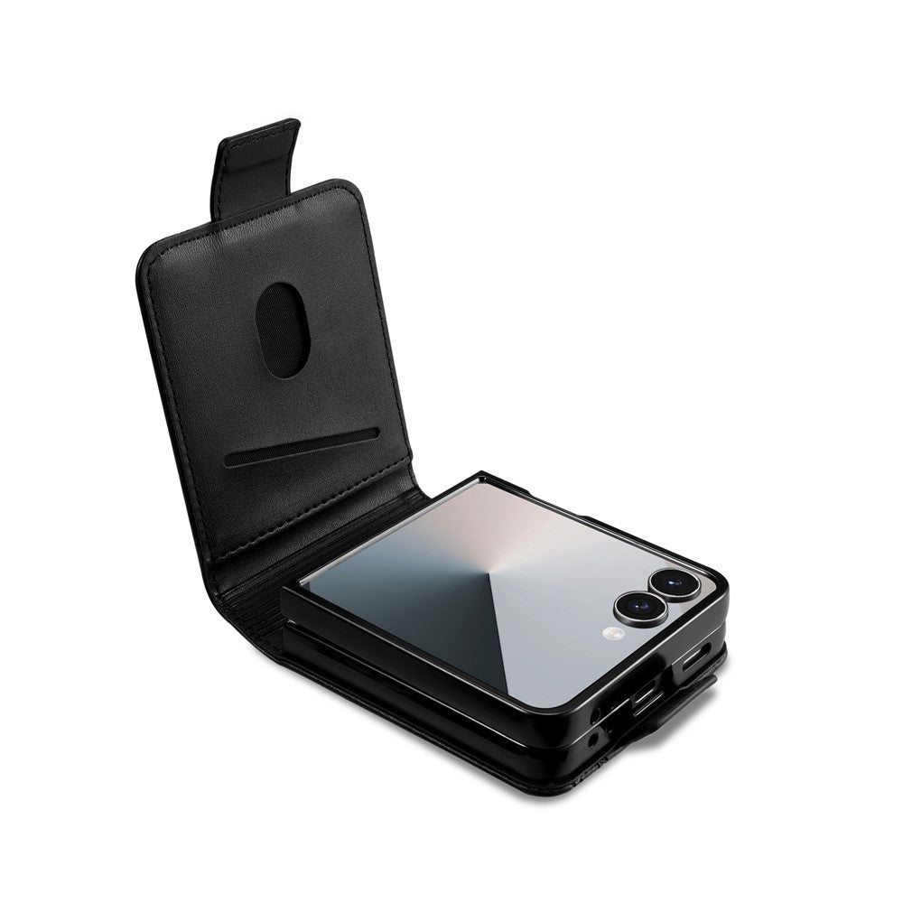 AZNS For Samsung Galaxy Z Flip7 5G Case Card Holder Cowhide Texture PC + PU Leather Phone Cover - Black
