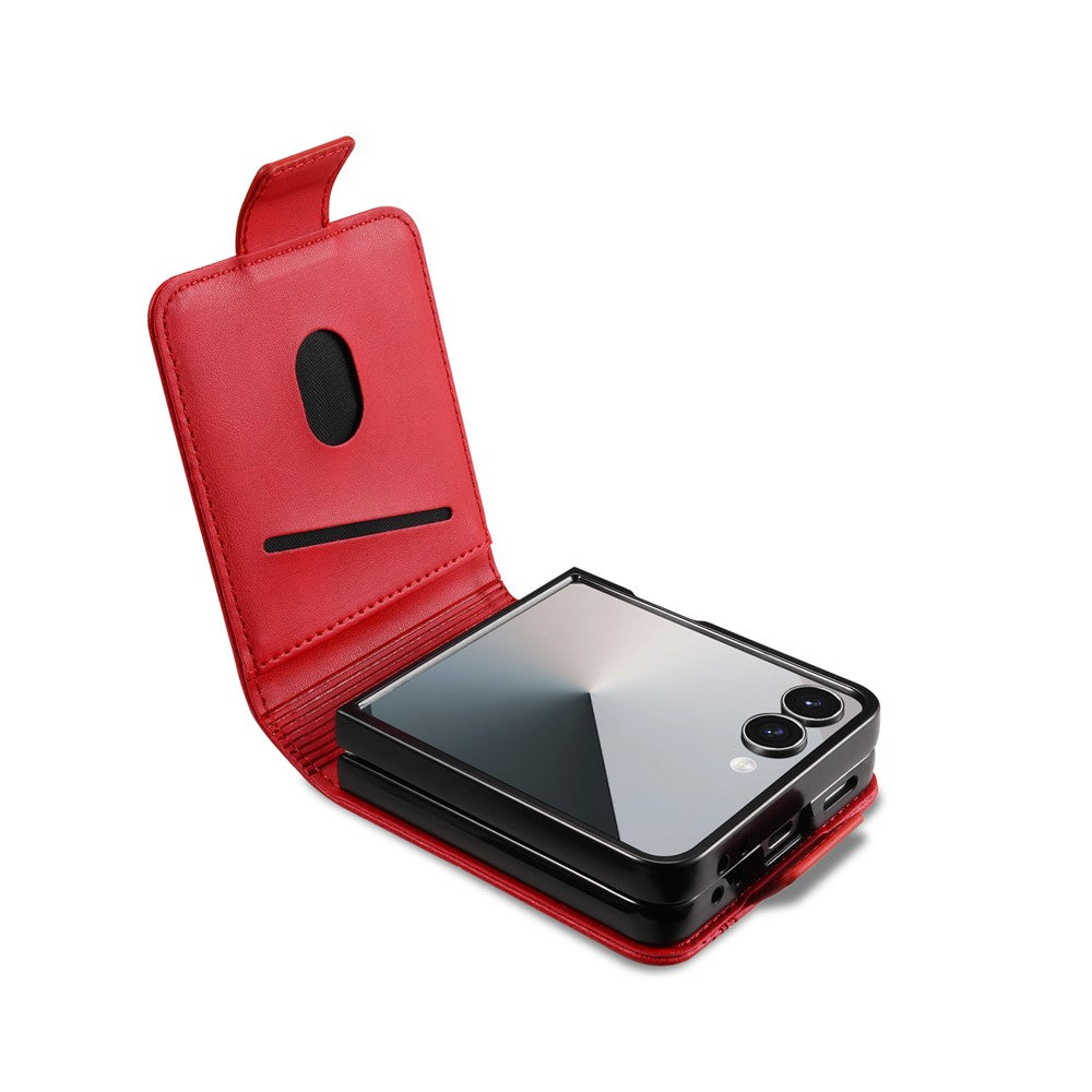 AZNS For Samsung Galaxy Z Flip7 5G Case Card Holder Cowhide Texture PC + PU Leather Phone Cover - Red