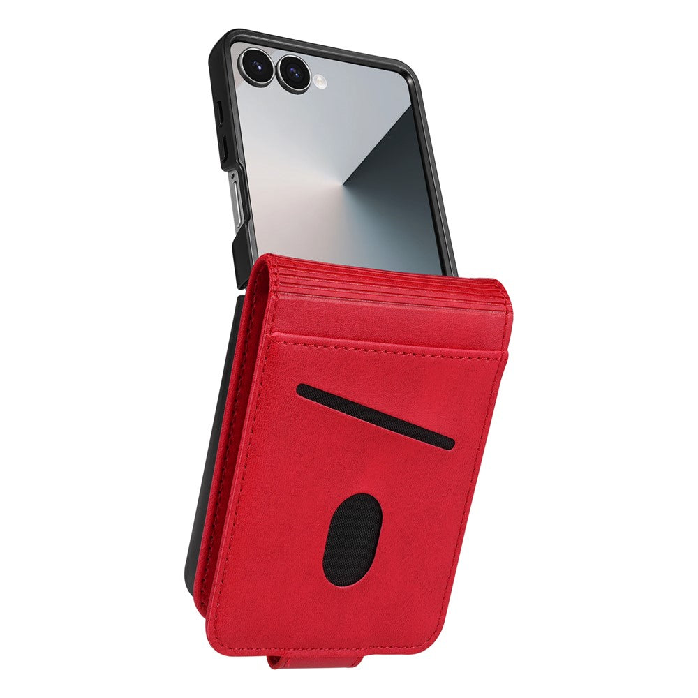 AZNS For Samsung Galaxy Z Flip7 5G Case Card Holder Cowhide Texture PC + PU Leather Phone Cover - Red