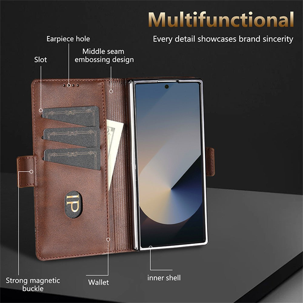 AZNS For Samsung Galaxy Z Fold7 5G Case Cowhide Texture PU Leather Wallet Phone Cover - Coffee