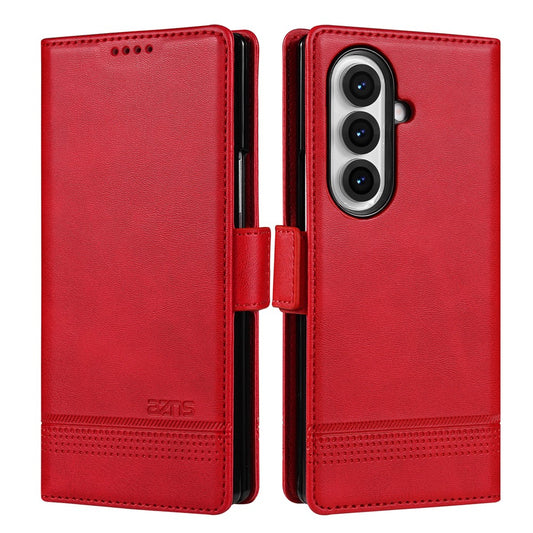 AZNS For Samsung Galaxy Z Fold7 5G Case Cowhide Texture PU Leather Wallet Phone Cover - Red