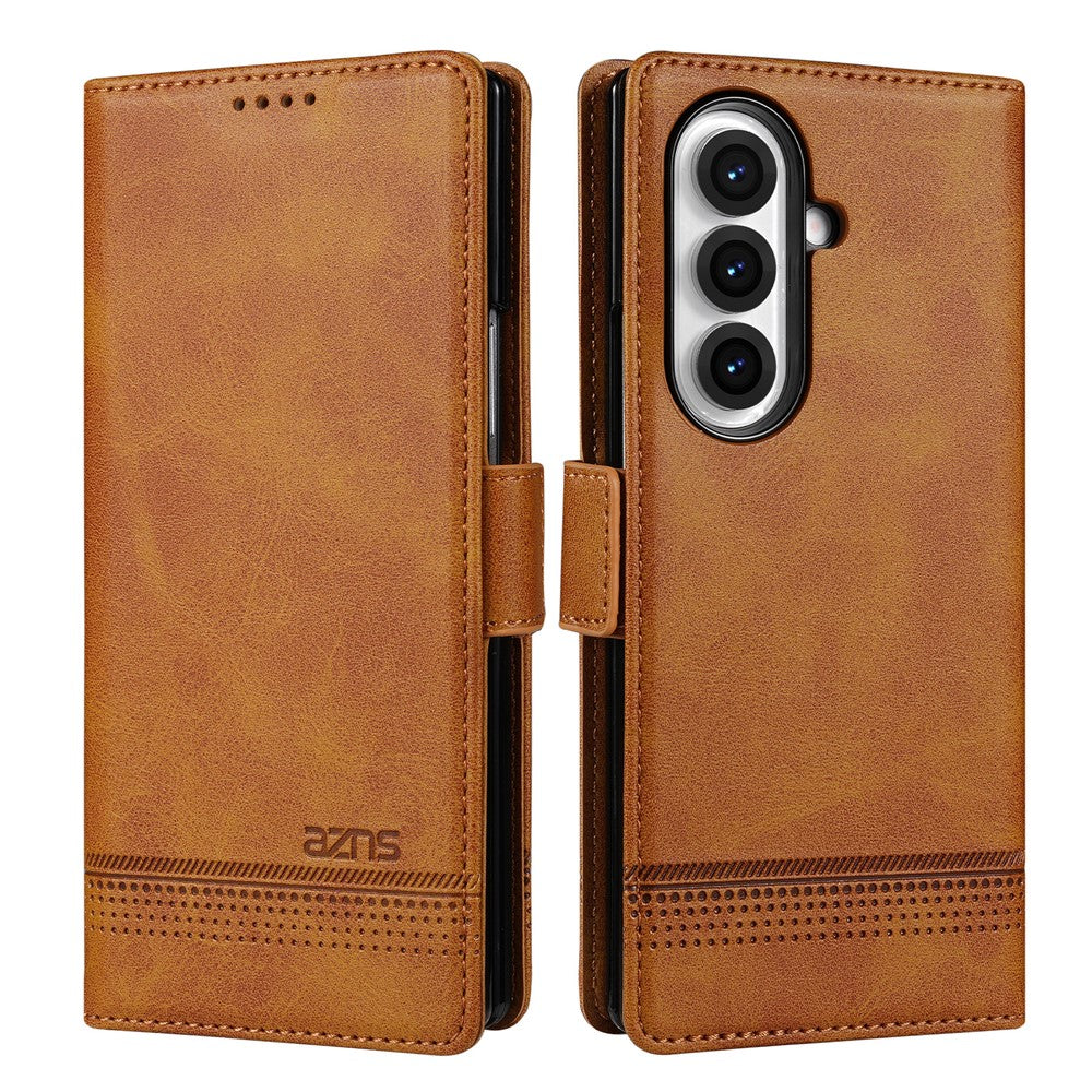 AZNS For Samsung Galaxy Z Fold7 5G Case Cowhide Texture PU Leather Wallet Phone Cover - Brown