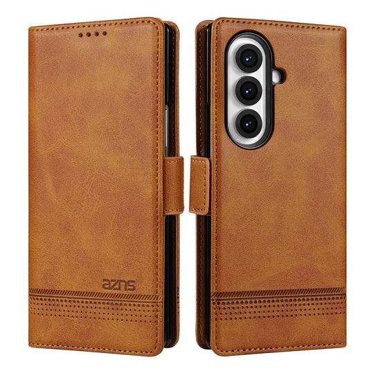 AZNS For Samsung Galaxy Z Fold7 5G Case Cowhide Texture PU Leather Wallet Phone Cover - Brown