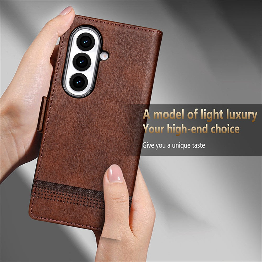 AZNS For Samsung Galaxy Z Fold7 5G Case Cowhide Texture PU Leather Wallet Phone Cover - Brown