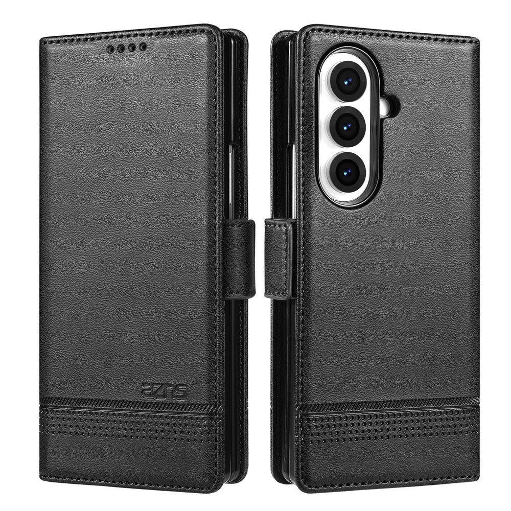AZNS For Samsung Galaxy Z Fold7 5G Case Cowhide Texture PU Leather Wallet Phone Cover - Black