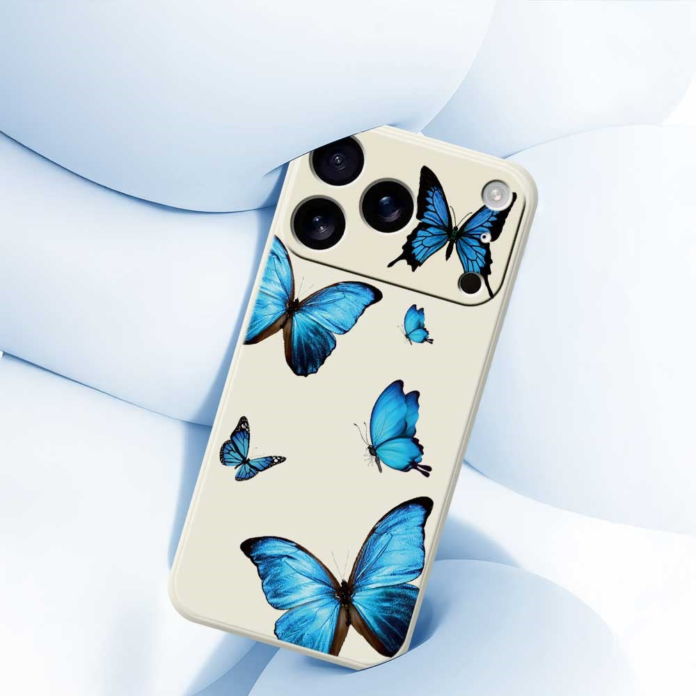 For iPhone 17 Pro Max Case Blue Butterflies Pattern Printing Straight Edge TPU Phone Back Cover - Beige