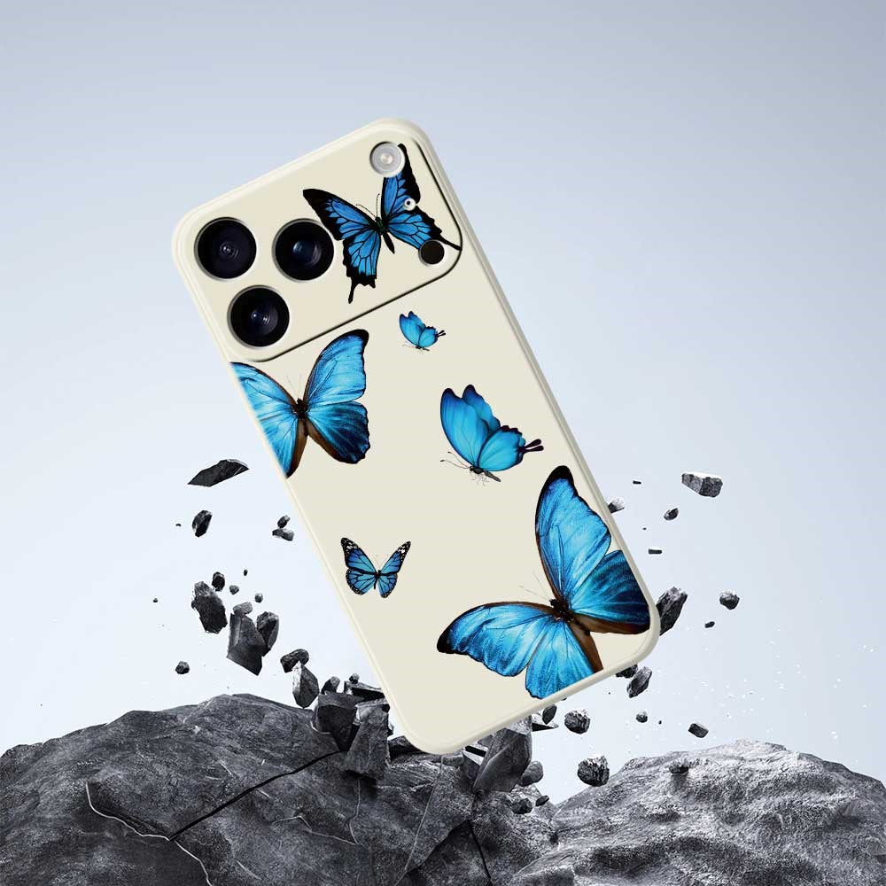 For iPhone 17 Pro Max Case Blue Butterflies Pattern Printing Straight Edge TPU Phone Back Cover - Beige