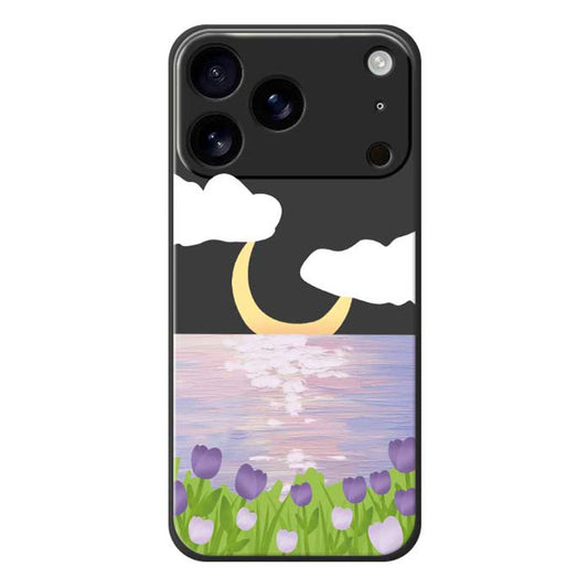 For iPhone 17 Pro Max Case Flowers and Sea Pattern Printing Straight Edge TPU Phone Back Cover - Black