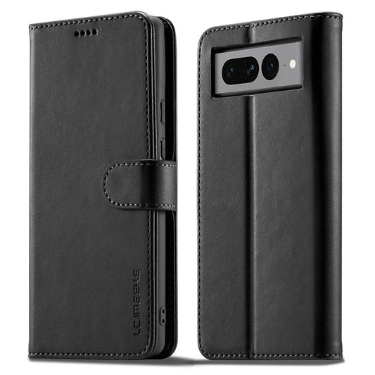 LC.IMEEKE For Google Pixel 7 Pro 5G Anti-scratch Phone Case Magnetic Clasp Phone Cover Wallet Stand Calf Texture PU Leather Protective Shell - Black