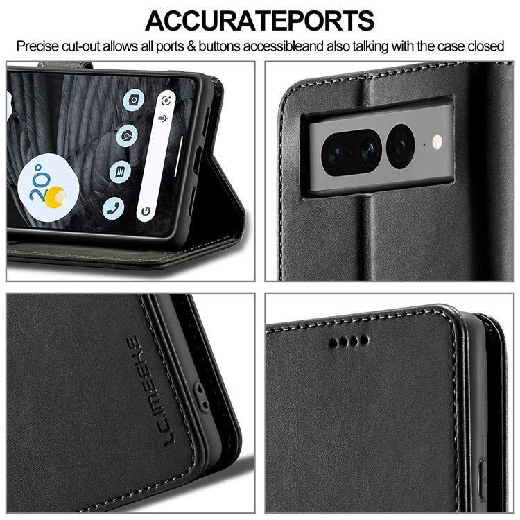 LC.IMEEKE For Google Pixel 7 Pro 5G Anti-scratch Phone Case Magnetic Clasp Phone Cover Wallet Stand Calf Texture PU Leather Protective Shell - Black