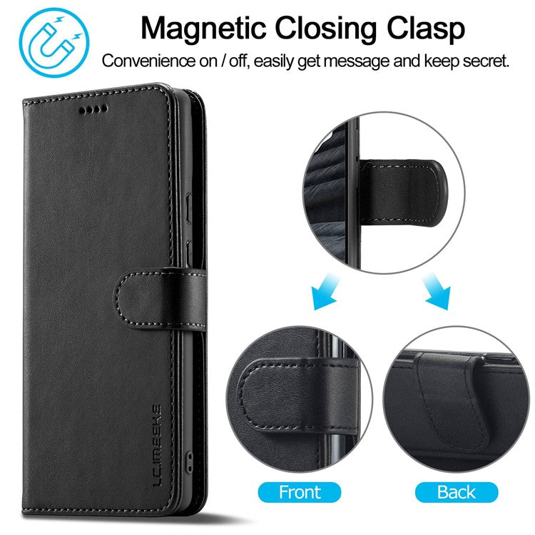 LC.IMEEKE For Google Pixel 7 Pro 5G Anti-scratch Phone Case Magnetic Clasp Phone Cover Wallet Stand Calf Texture PU Leather Protective Shell - Black