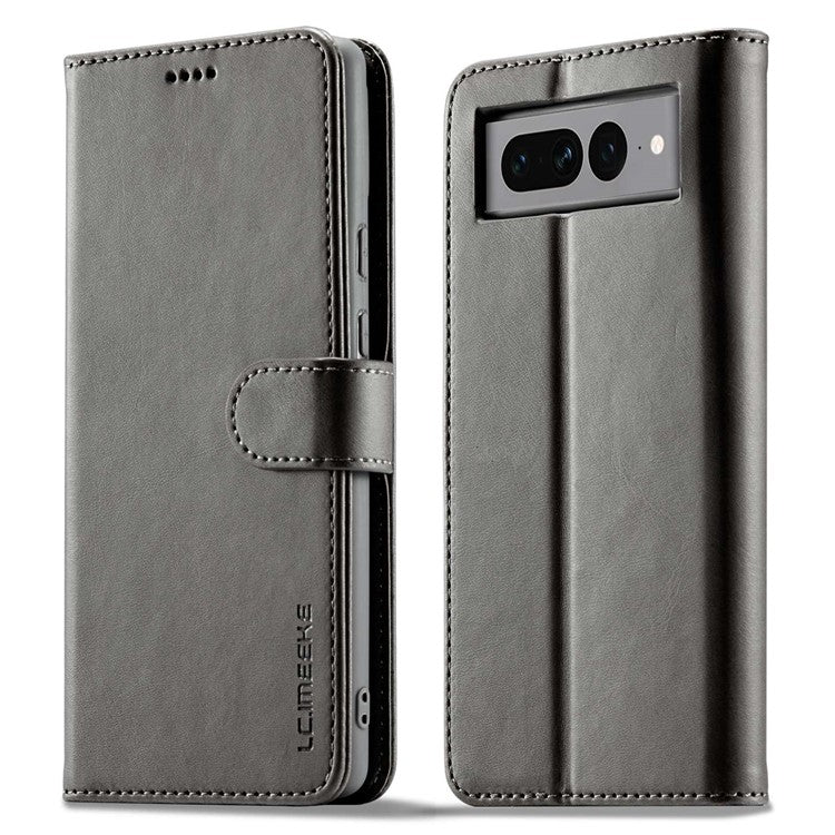 LC.IMEEKE For Google Pixel 7 Pro 5G Anti-scratch Phone Case Magnetic Clasp Phone Cover Wallet Stand Calf Texture PU Leather Protective Shell - Grey