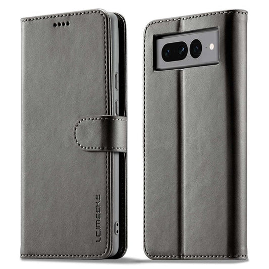 LC.IMEEKE For Google Pixel 7 Pro 5G Anti-scratch Phone Case Magnetic Clasp Phone Cover Wallet Stand Calf Texture PU Leather Protective Shell - Grey