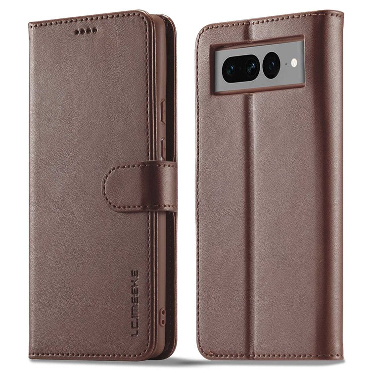 LC.IMEEKE For Google Pixel 7 Pro 5G Anti-scratch Phone Case Magnetic Clasp Phone Cover Wallet Stand Calf Texture PU Leather Protective Shell - Brown