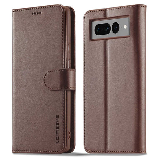 LC.IMEEKE For Google Pixel 7 Pro 5G Anti-scratch Phone Case Magnetic Clasp Phone Cover Wallet Stand Calf Texture PU Leather Protective Shell - Brown