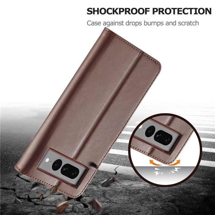 LC.IMEEKE For Google Pixel 7 Pro 5G Anti-scratch Phone Case Magnetic Clasp Phone Cover Wallet Stand Calf Texture PU Leather Protective Shell - Brown