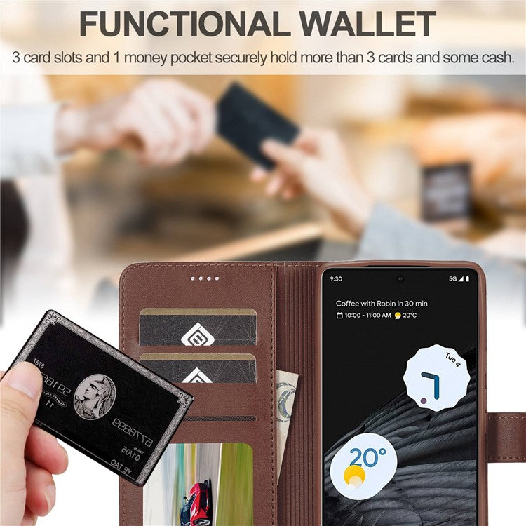 LC.IMEEKE For Google Pixel 7 Pro 5G Anti-scratch Phone Case Magnetic Clasp Phone Cover Wallet Stand Calf Texture PU Leather Protective Shell - Brown