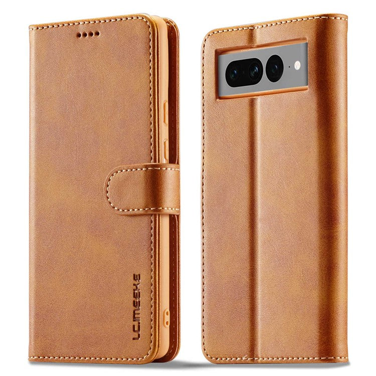 LC.IMEEKE For Google Pixel 7 Pro 5G Anti-scratch Phone Case Magnetic Clasp Phone Cover Wallet Stand Calf Texture PU Leather Protective Shell - Light Brown