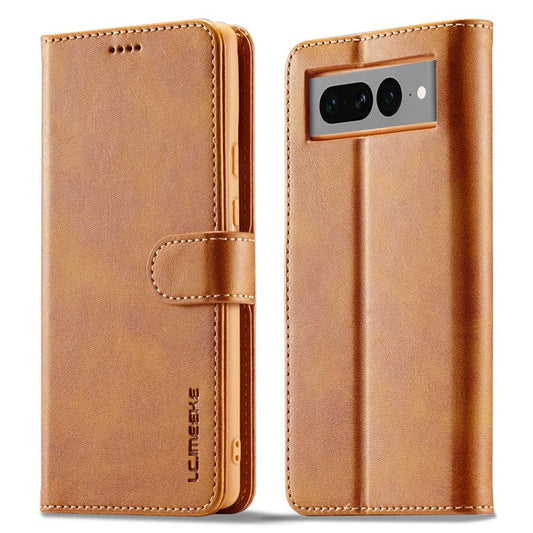 LC.IMEEKE For Google Pixel 7 Pro 5G Anti-scratch Phone Case Magnetic Clasp Phone Cover Wallet Stand Calf Texture PU Leather Protective Shell - Light Brown