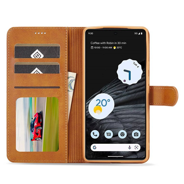 LC.IMEEKE For Google Pixel 7 Pro 5G Anti-scratch Phone Case Magnetic Clasp Phone Cover Wallet Stand Calf Texture PU Leather Protective Shell - Light Brown