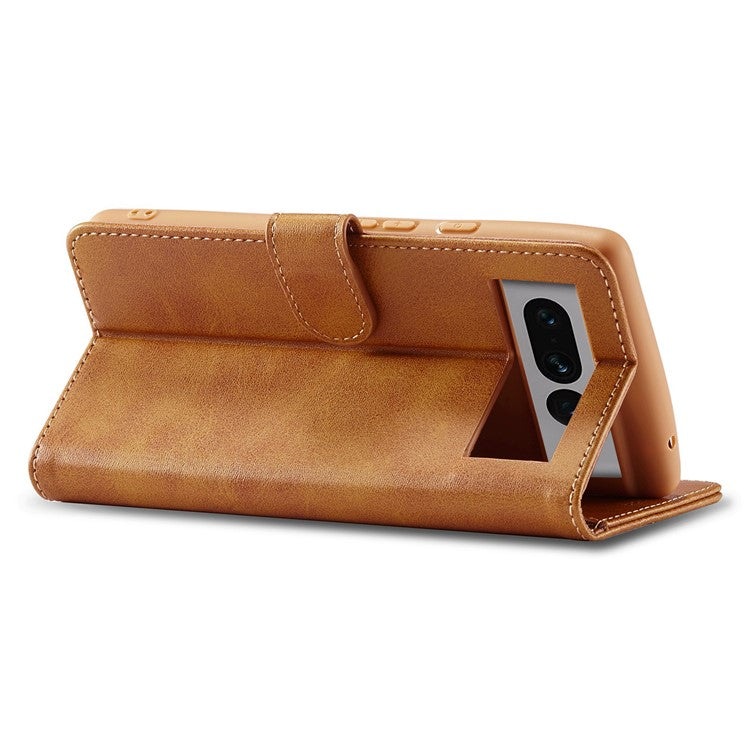 LC.IMEEKE For Google Pixel 7 Pro 5G Anti-scratch Phone Case Magnetic Clasp Phone Cover Wallet Stand Calf Texture PU Leather Protective Shell - Light Brown