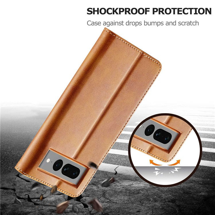 LC.IMEEKE For Google Pixel 7 Pro 5G Anti-scratch Phone Case Magnetic Clasp Phone Cover Wallet Stand Calf Texture PU Leather Protective Shell - Light Brown