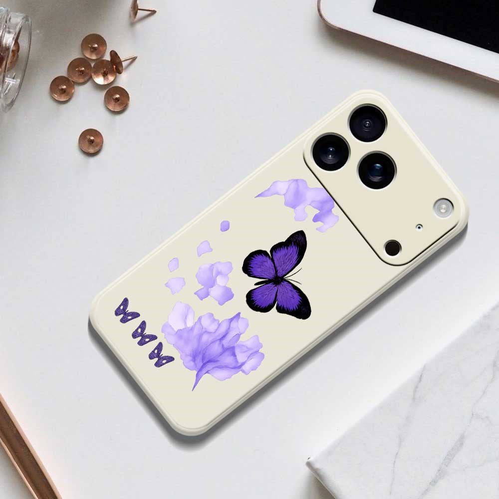For iPhone 17 Pro Max Case Purple Butterfly Pattern Printing Straight Edge TPU Phone Back Cover - Beige