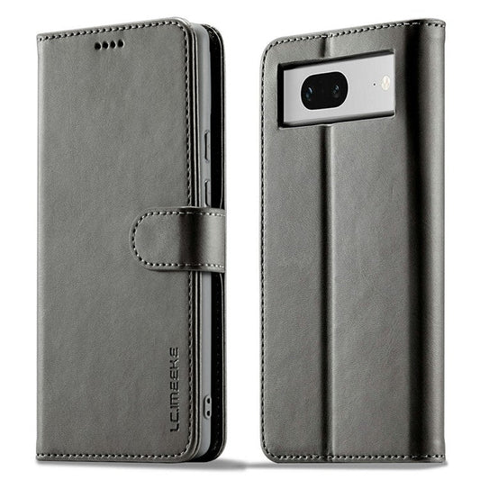 LC.IMEEKE Calf Texture Phone Case For Google Pixel 7 5G, Anti-fall Magnetic Clasp PU Leather Wallet Stand Full Protection Cell Phone Cover - Grey