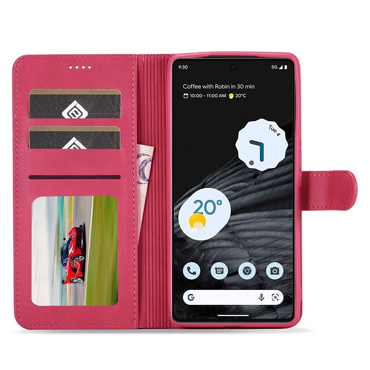 LC.IMEEKE Calf Texture Phone Case For Google Pixel 7 5G, Anti-fall Magnetic Clasp PU Leather Wallet Stand Full Protection Cell Phone Cover - Pink