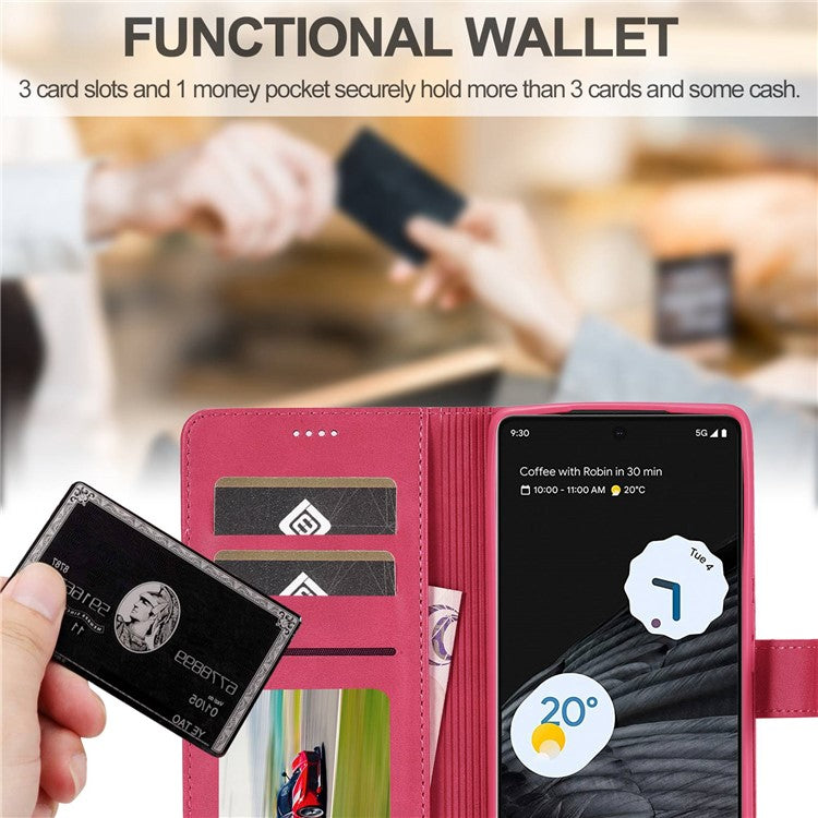 LC.IMEEKE Calf Texture Phone Case For Google Pixel 7 5G, Anti-fall Magnetic Clasp PU Leather Wallet Stand Full Protection Cell Phone Cover - Pink