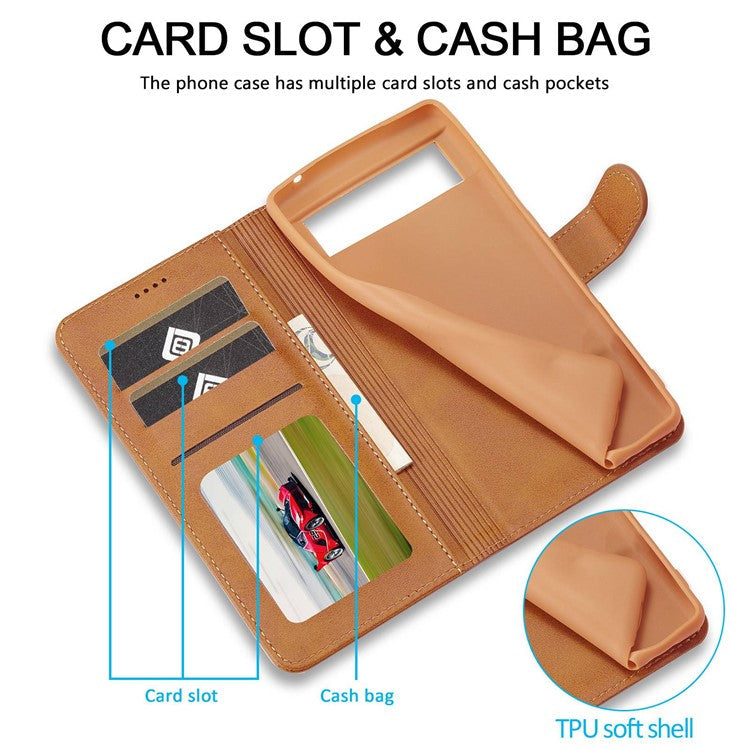 LC.IMEEKE Calf Texture Phone Case For Google Pixel 7 5G, Anti-fall Magnetic Clasp PU Leather Wallet Stand Full Protection Cell Phone Cover - Light Brown