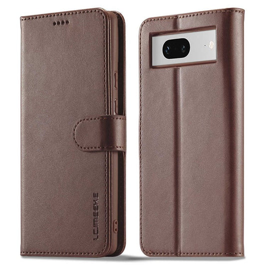 LC.IMEEKE Calf Texture Phone Case For Google Pixel 7 5G, Anti-fall Magnetic Clasp PU Leather Wallet Stand Full Protection Cell Phone Cover - Brown