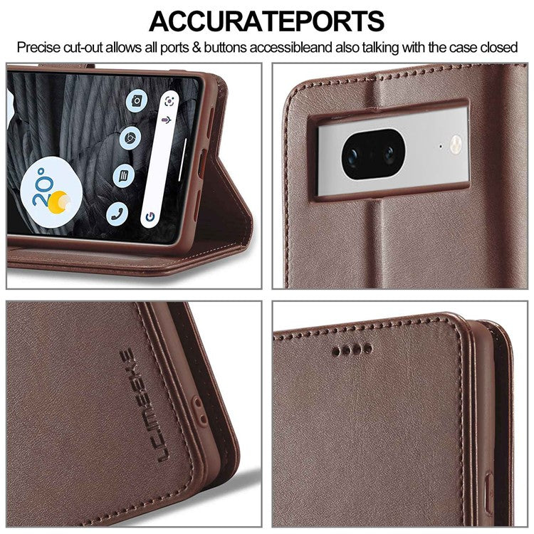 LC.IMEEKE Calf Texture Phone Case For Google Pixel 7 5G, Anti-fall Magnetic Clasp PU Leather Wallet Stand Full Protection Cell Phone Cover - Brown