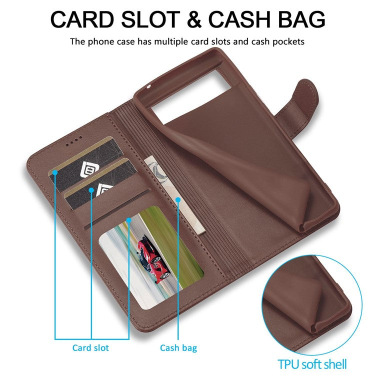 LC.IMEEKE Calf Texture Phone Case For Google Pixel 7 5G, Anti-fall Magnetic Clasp PU Leather Wallet Stand Full Protection Cell Phone Cover - Brown