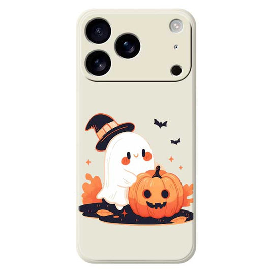 For iPhone 17 Pro Max Case Halloween Ghost Pumpkin Pattern Printing Straight Edge TPU Phone Back Cover - Beige