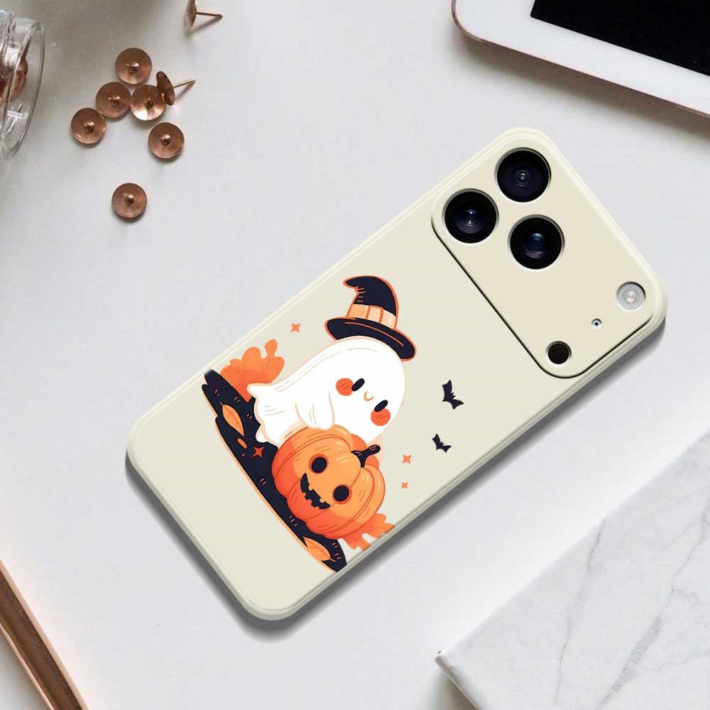 For iPhone 17 Pro Max Case Halloween Ghost Pumpkin Pattern Printing Straight Edge TPU Phone Back Cover - Beige