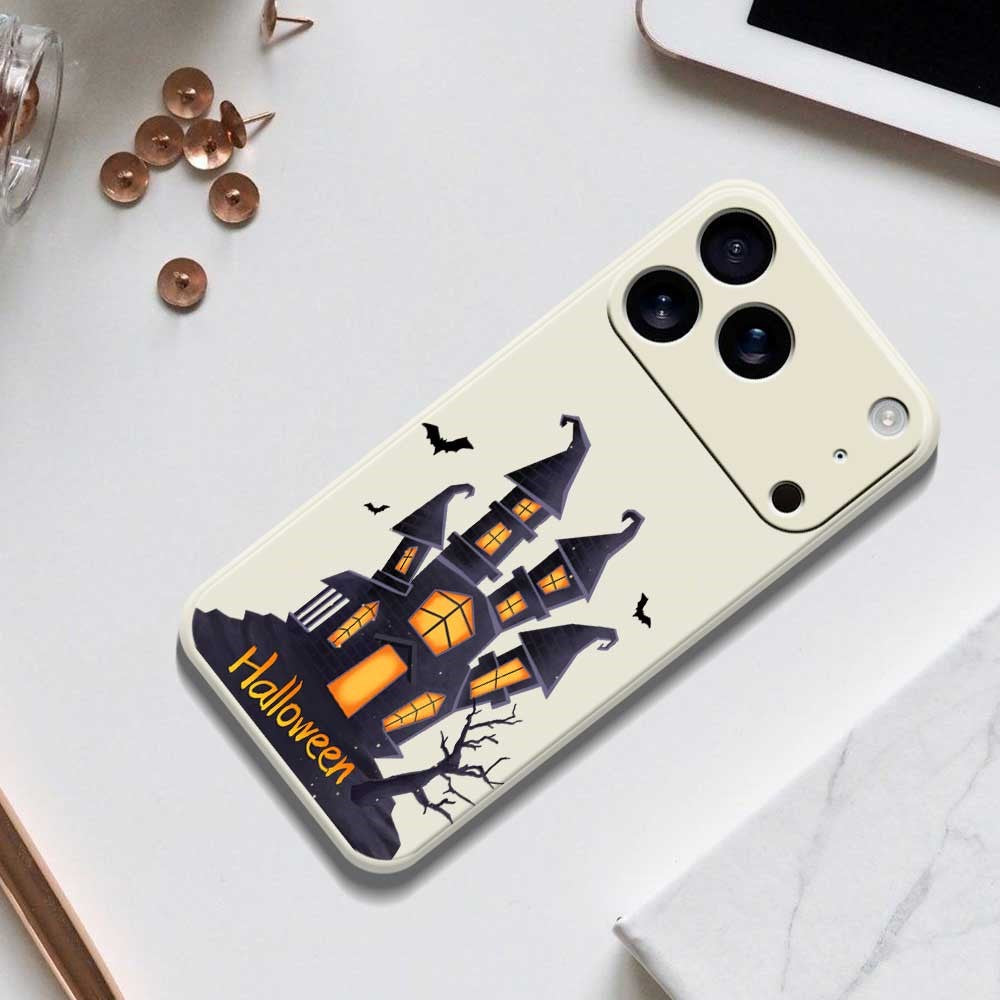 For iPhone 17 Pro Max Case Halloween Castle Pattern Printing Straight Edge TPU Phone Back Cover - Beige