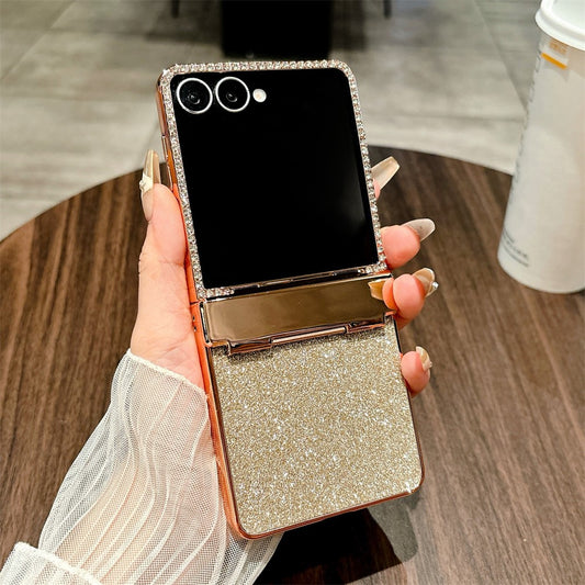 For Samsung Galaxy Z Flip7 5G Case Hinge Protection Rhinestone Glitter PC Phone Cover - Gold