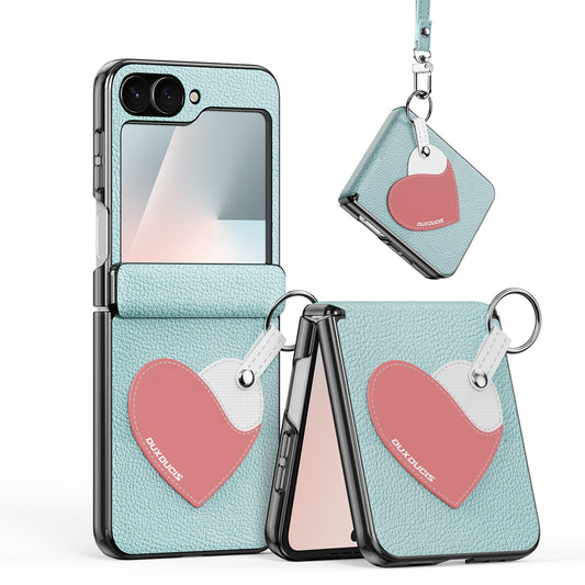 For Samsung Galaxy Z Flip6 5G / Galaxy Z Flip7 FE 5G Case DUX DUCIS Luvy Series PU Leather + PC Phone Case with Ring Holder / Strap - Cyan Blue-Love