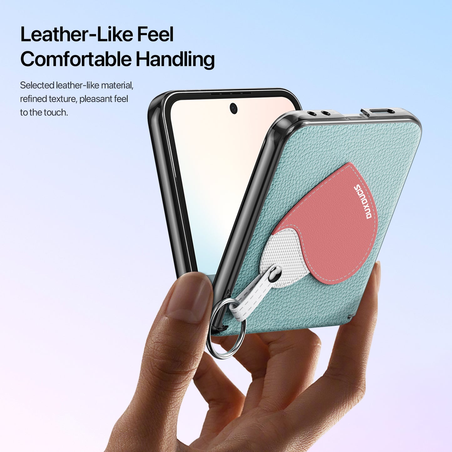 For Samsung Galaxy Z Flip6 5G / Galaxy Z Flip7 FE 5G Case DUX DUCIS Luvy Series PU Leather + PC Phone Case with Ring Holder / Strap - Cyan Blue-Love