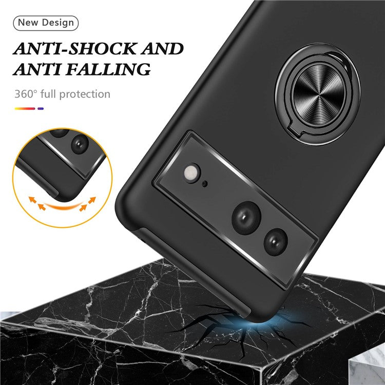 For Google Pixel 7 5G Ring Kickstand Armor Phone Case Hard PC Soft TPU Bumper Shockproof Protective Cover - Black