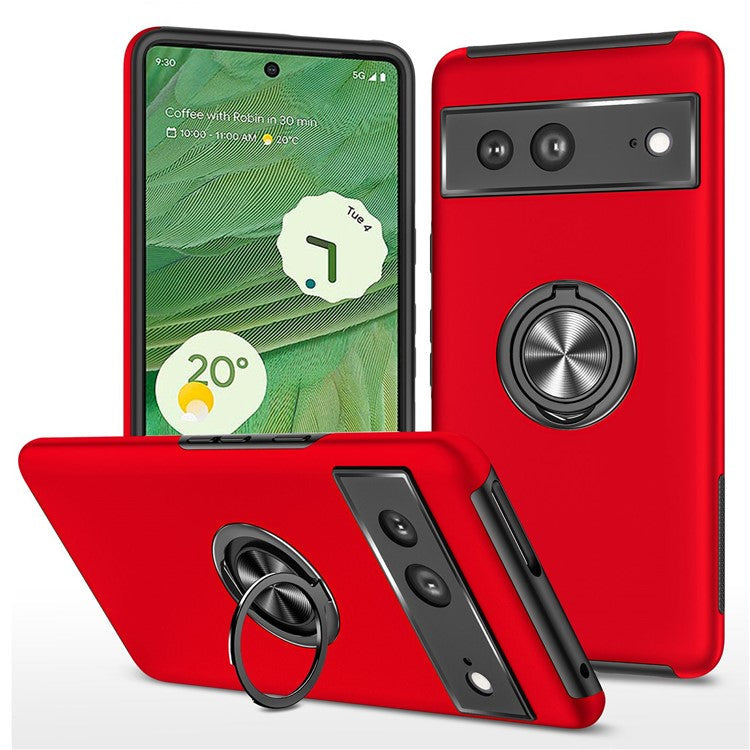 For Google Pixel 7 5G Ring Kickstand Armor Phone Case Hard PC Soft TPU Bumper Shockproof Protective Cover - Red