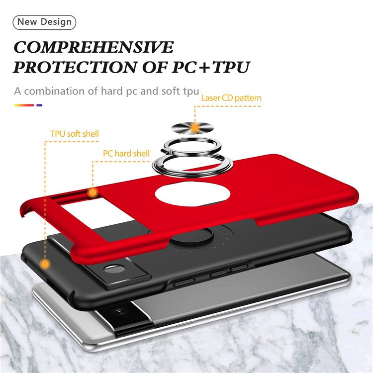 For Google Pixel 7 5G Ring Kickstand Armor Phone Case Hard PC Soft TPU Bumper Shockproof Protective Cover - Red