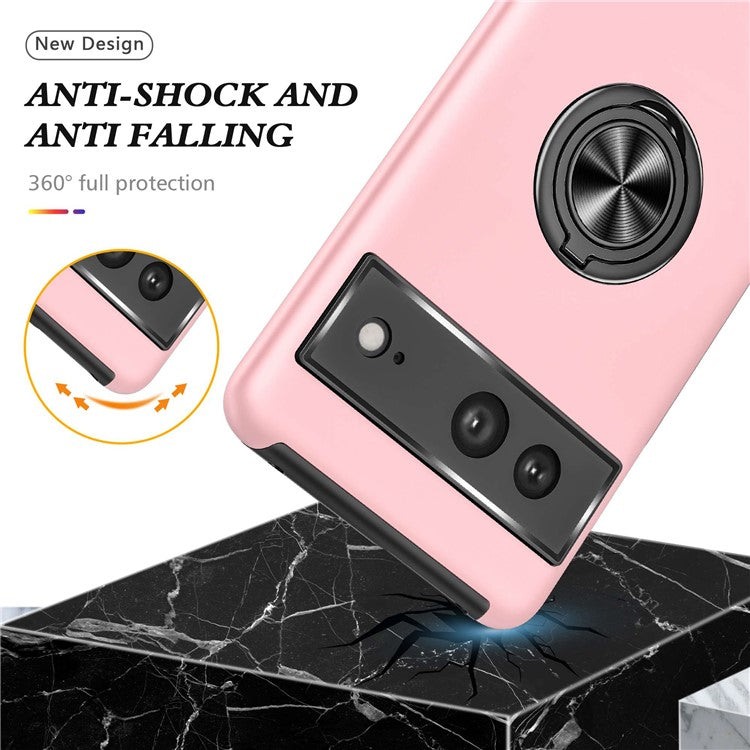 For Google Pixel 7 5G Ring Kickstand Armor Phone Case Hard PC Soft TPU Bumper Shockproof Protective Cover - Rose Gold